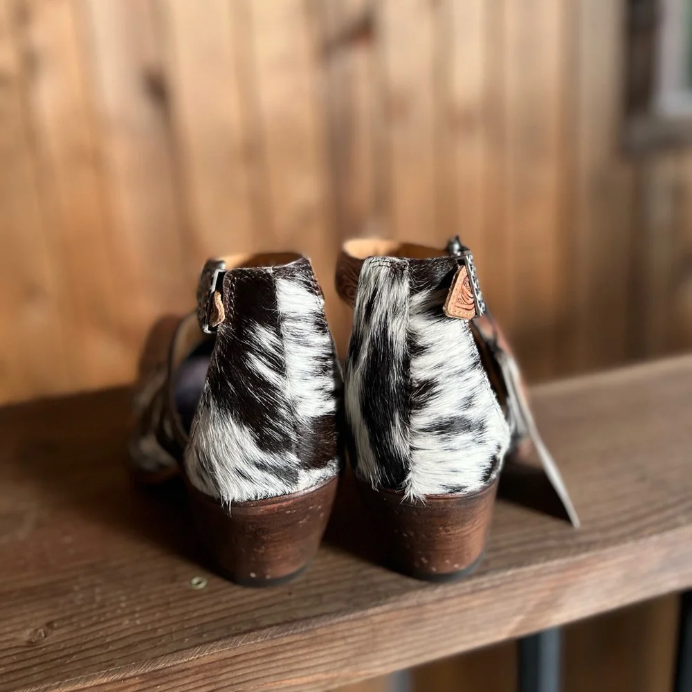 New Hand-Tooled Leather  strap Genuine Hide-On Women Bootie Boot Boho Western - Picture 9 of 11